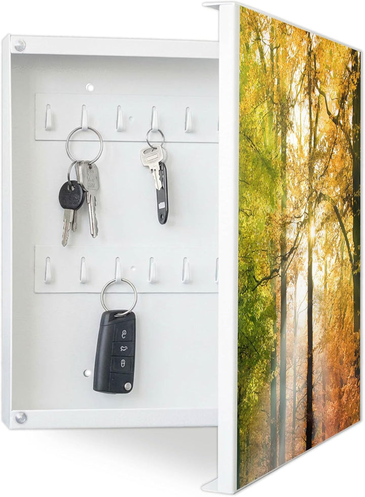 banjado® Grosser Schlüsselkasten Glas/Schlüsselbox 30cm x 30cm mit 50 Haken - Motiv Herbstwald/Schlü