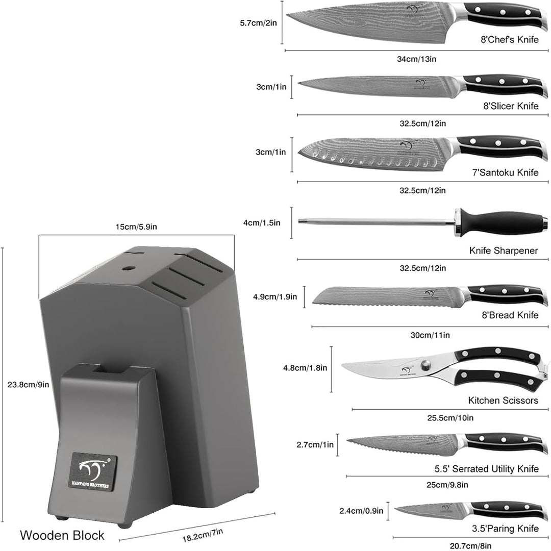 NANFANG BROTHERS Professionelles Damaskus Messerblock Set 9er Kochmesser-Set Aus Edelstahl Mit Holzb