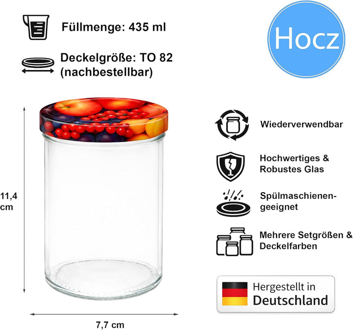 hocz 12x Einmachgläser 435 ml | mit Deckel Obst TO 82 | leere Gläser mit Schraubdeckel zum befüllen