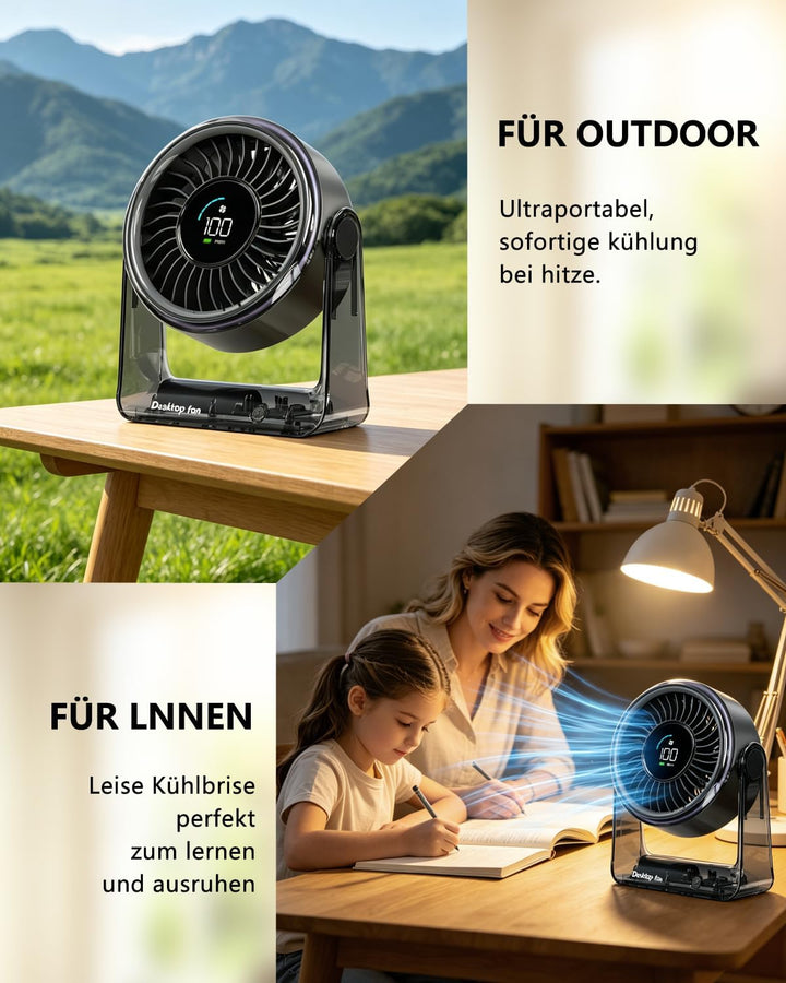 Tischventilator, USB Ventilator Akku, 6 Geschwindigkeiten Leise Ventilator mit LED Display, 360 ° Dr