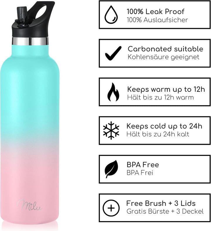Milu Edelstahl Trinkflasche 500ml, 750ml, 1L (+3 Deckel) - Thermosflasche mit Strohhalm, Isolierte W