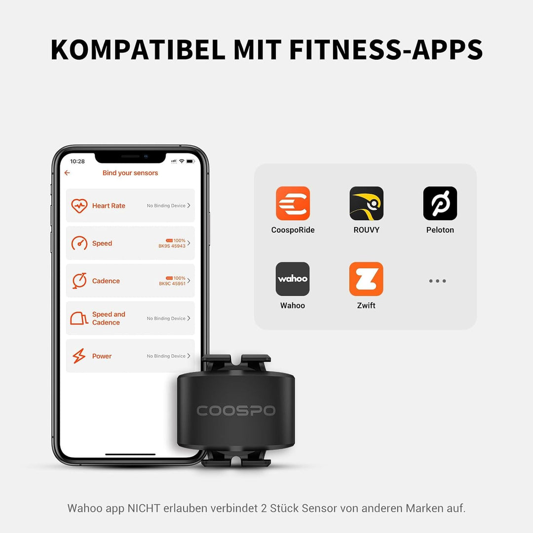 COOSPO BK9S Geschwindigkeitssensor/Trittfrequenzsensor Bluetooth5.0 ANT+, Drahtloser Fahrraddrehzahl