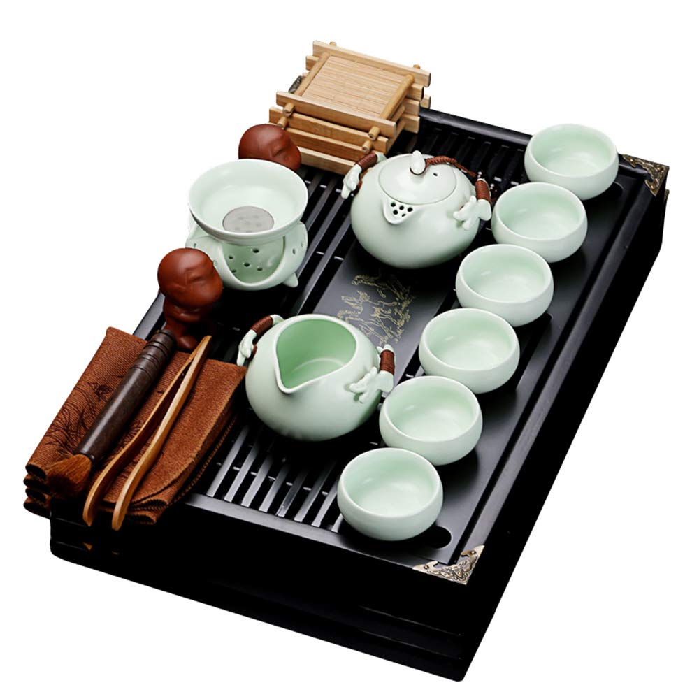 fanquare Chinesisches Keramik Kung Fu Tee Set mit Teetablett und Kleine Teewerkzeuge, Porzellan Tee