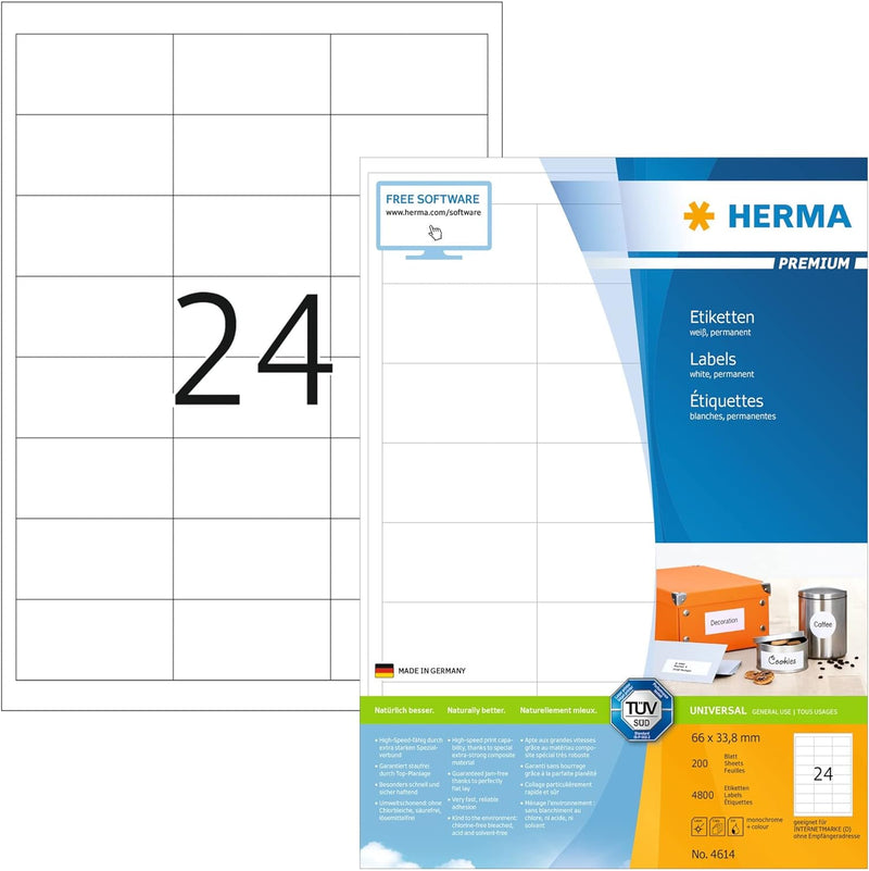 HERMA 4614 Adressetiketten, 200 Blatt, 66 x 33,8 mm, 24 Stück pro A4 Bogen, 4800 Aufkleber, selbstkl