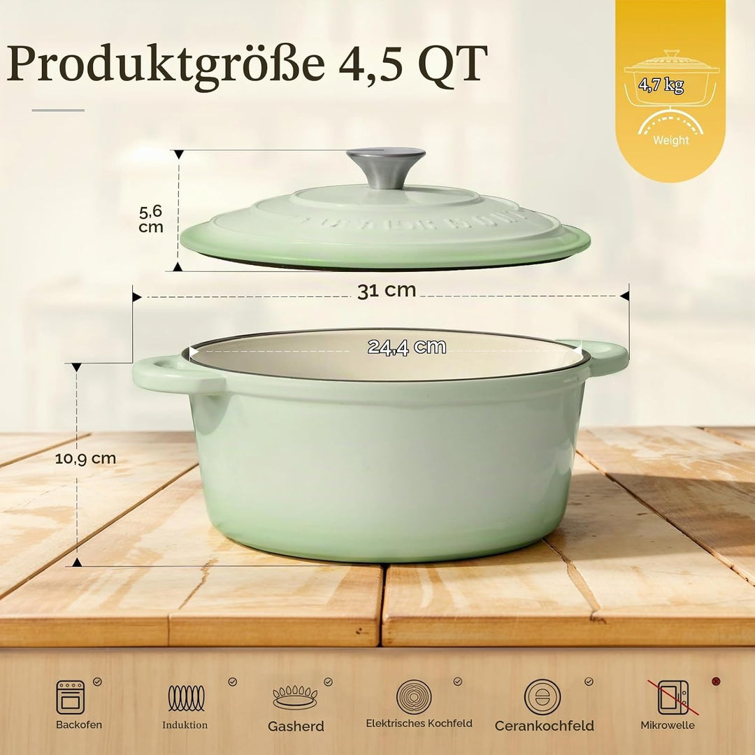 Overmont Bräter emaille Gusseisen Topf - Schmortopf 24cm backofengeeignet - mit Deckel und Kochbuch