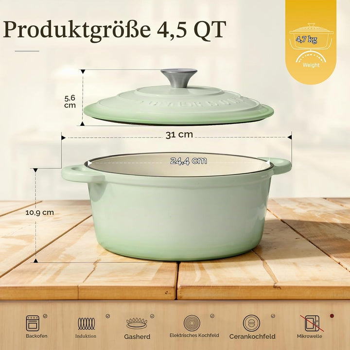 Overmont Bräter emaille Gusseisen Topf - Schmortopf 24cm backofengeeignet - mit Deckel und Kochbuch