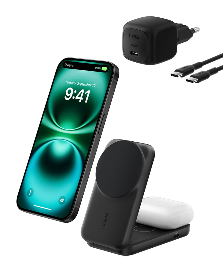 Belkin UltraCharge Qi 2.2 Ladestation 2 in 1, 25W, Ladegerät MagSafe Kompatibel, Induktive Ladestati