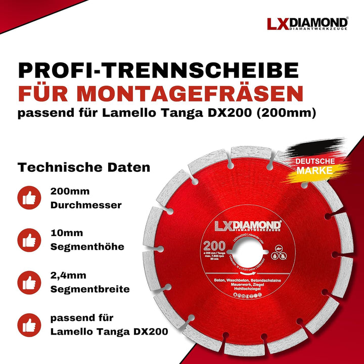LXDIAMOND Diamant-Trennscheibe 200mm - kompatibel mit Lamello Tanga DX200 Fensterfräse Montagefräse