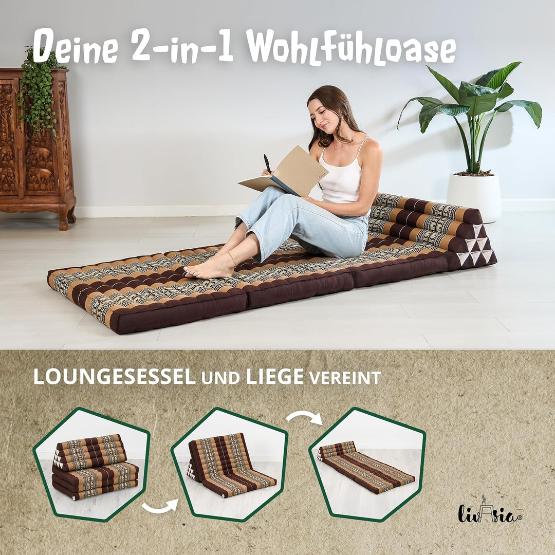 livasia Thaikissen 3 Auflagen für Paare XXL, Dreieckskissen Klappmatratze, extrabreit Kapok, Rückenk