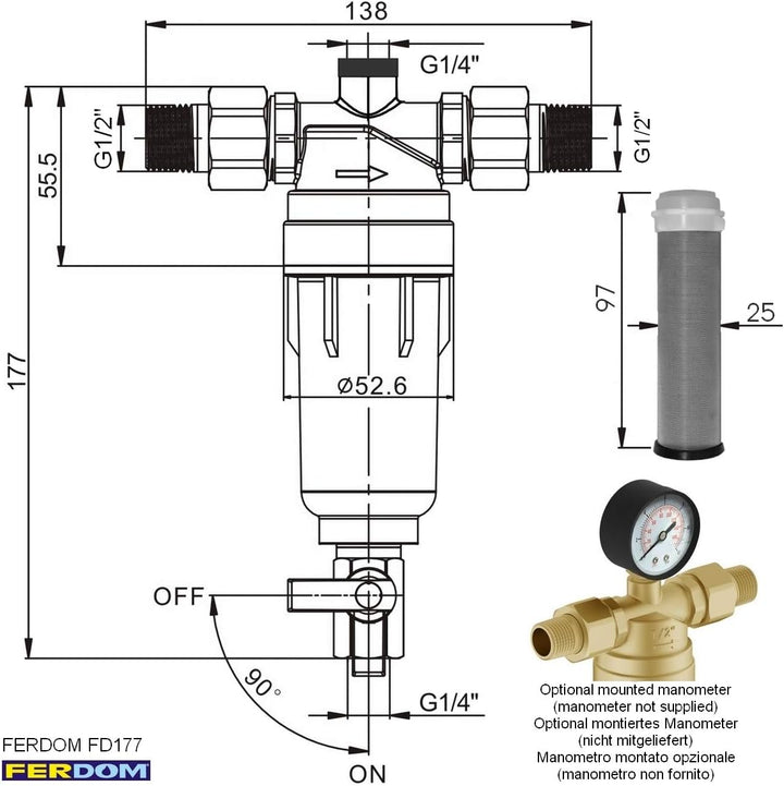FERDOM FD178 Vorfilter Wasserfilter für Sedimente, Wiederverwendbar. Edelstahlgewebe 90 Mikron +Ein