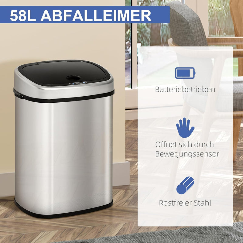 HOMCOM Automatik Mülleimer Abfalleimer mit Infrarotsensor Kücheneimer 58L Silber L40,9 x B28,9 x H68