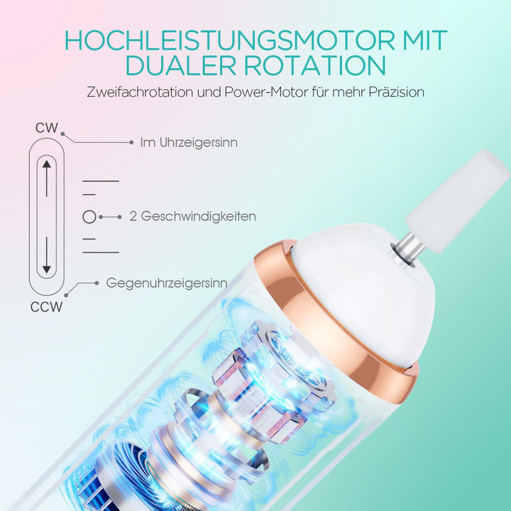 VOGOE Elektrische Nagelfeile, Kabelloser Nagelfräser mit LED-Licht, Einstellbare Geschwindigkeit & 2