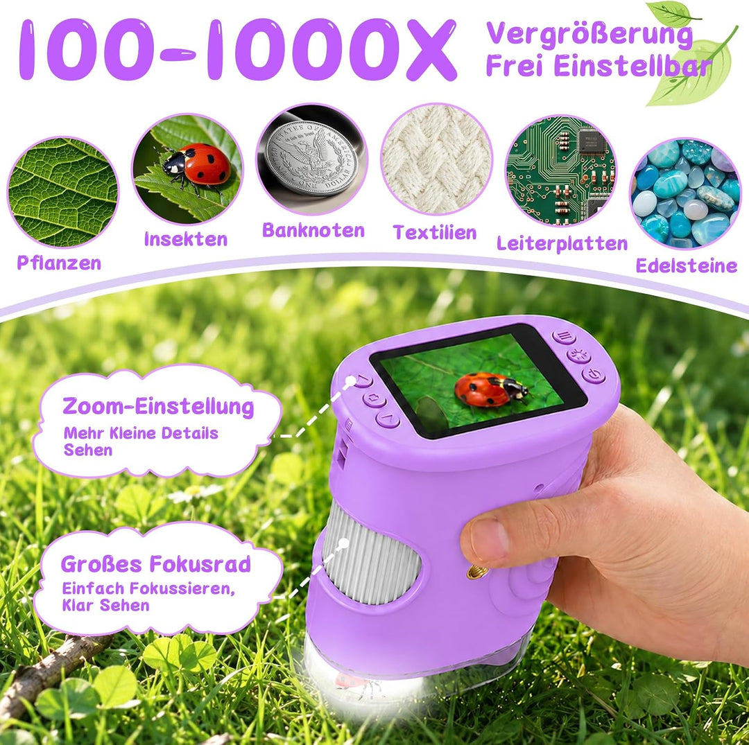 Digitales Mikroskop für Kinder 1000X, Abenteurer Mikroskop für Kinder mit 2 Zoll HD-Bildschirm, 8 LE