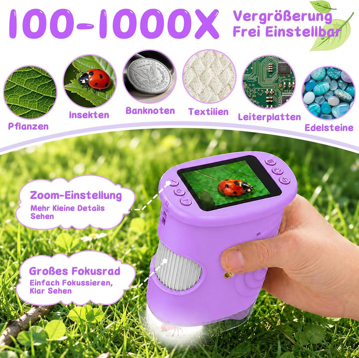 Digitales Mikroskop für Kinder 1000X, Abenteurer Mikroskop für Kinder mit 2 Zoll HD-Bildschirm, 8 LE