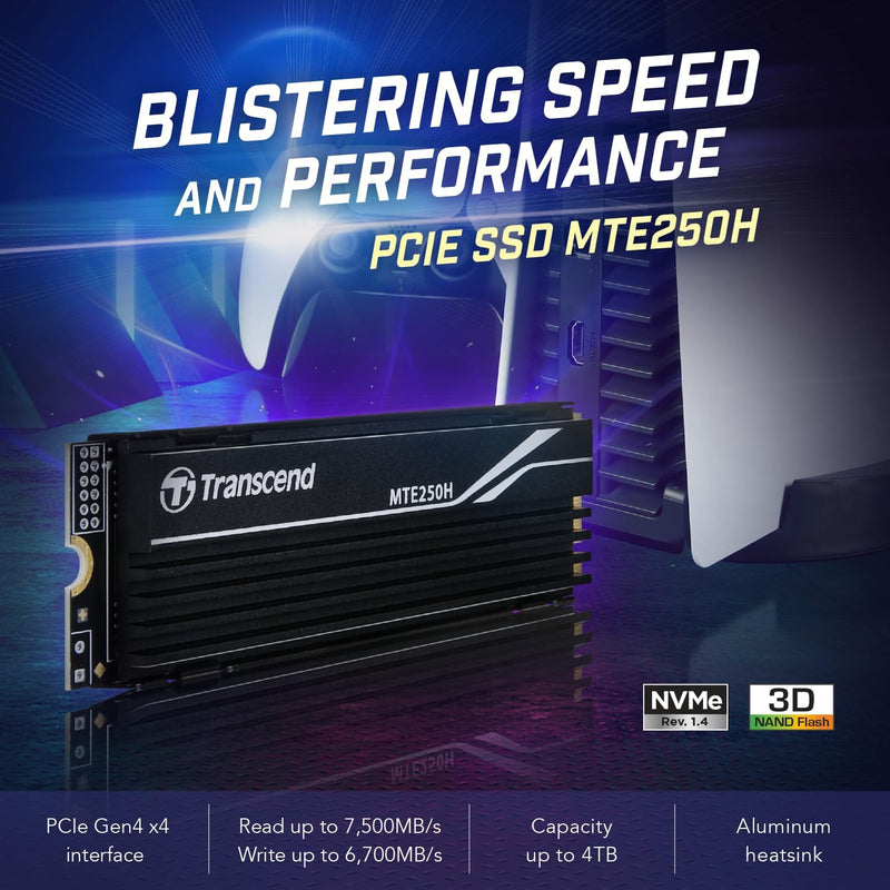 Transcend MTE250H - SSD - 1 TB - intern - M.2 2280 - PCIe 4.0 x4 (NVMe) - integrierter Kühlkörper 1T
