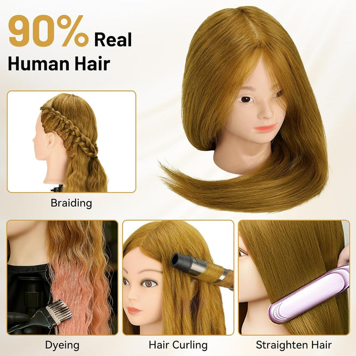 Friseurkopf mit Stativ, Trainingsköpfe mit 90% Echthaar 58CM, Schaufensterpuppe zum Frisieren, für K