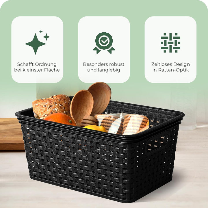 Novaliv 6x Aufbewahrungskorb in Rattan-Optik ohne Deckel | Schwarz Kunststoff 5L Nestbar Storage box