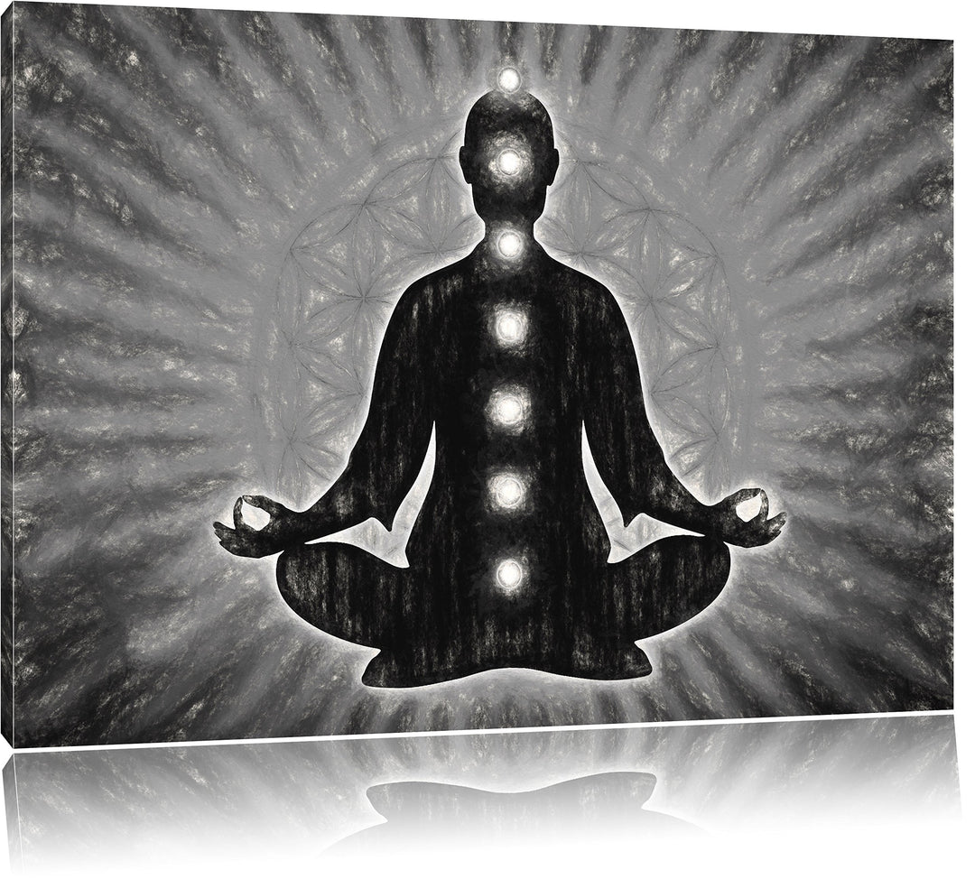 Pixxprint Meditation mit den 7 Chakren Kunst Kohle Effekt, Format: 100x70 auf Leinwand, 100x70