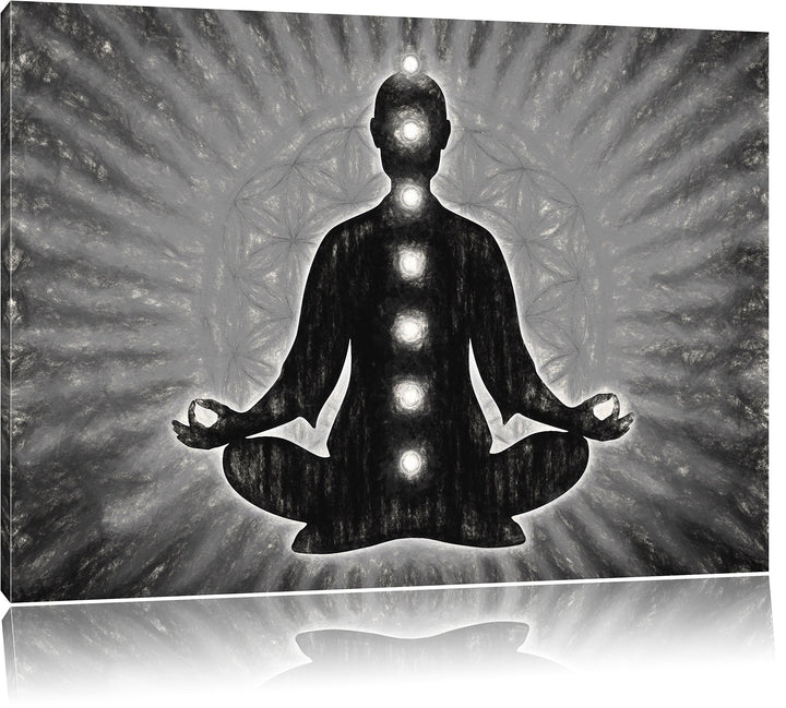 Pixxprint Meditation mit den 7 Chakren Kunst Kohle Effekt, Format: 100x70 auf Leinwand, 100x70