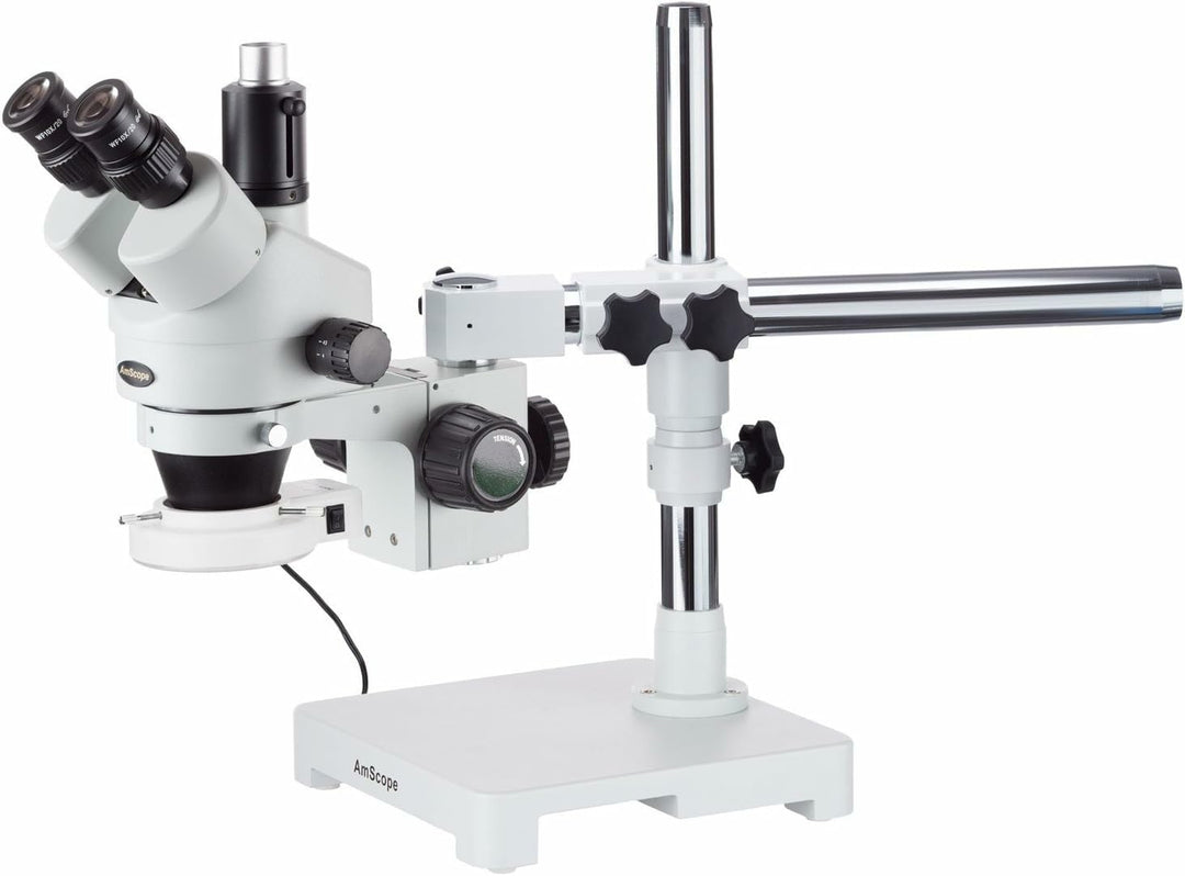 AmScope SM-3T-54S Boom Ständer Trinokulares Zoom Stereomikroskop mit 54 LED-Licht, 7X-45X, Weiss
