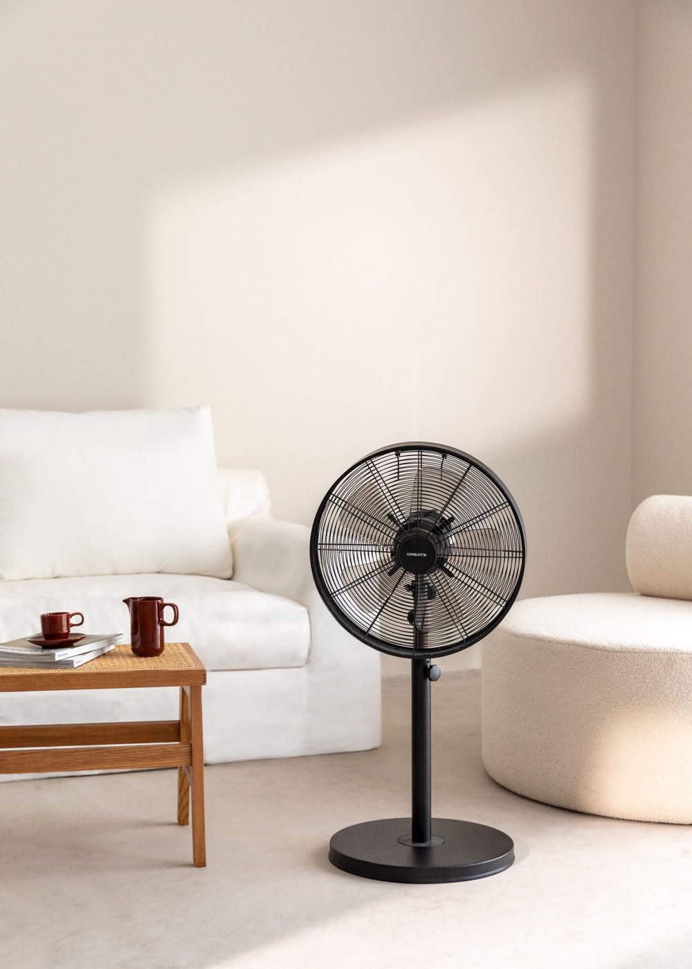 CREATE | AIR STAND WOOD/Standventilator mit Oszillation/schwarz und dunkle Holz/Retro-Stil, 3 Geschw