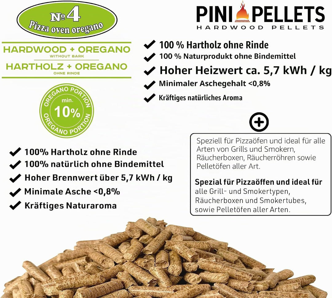 PINI Hartholz Pellets № 4 BBQ Pizza Oven Oregano 10 Kg Grillpellets zum Grillen Räuchern Smoken und