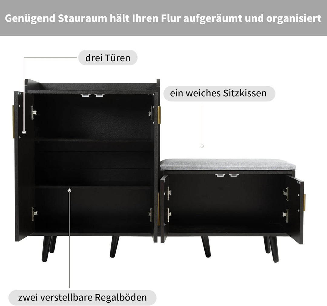 Merax Schuhschrank mit Sitzbank, Schuhbank mit Sitzfläche, 4 Stauraumtüren, asymmetrische Metallgrif