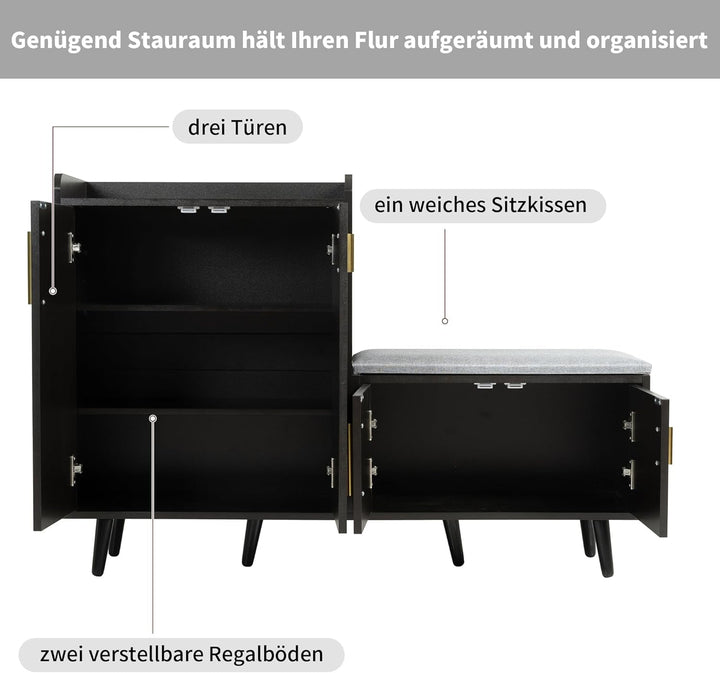 Merax Schuhschrank mit Sitzbank, Schuhbank mit Sitzfläche, 4 Stauraumtüren, asymmetrische Metallgrif