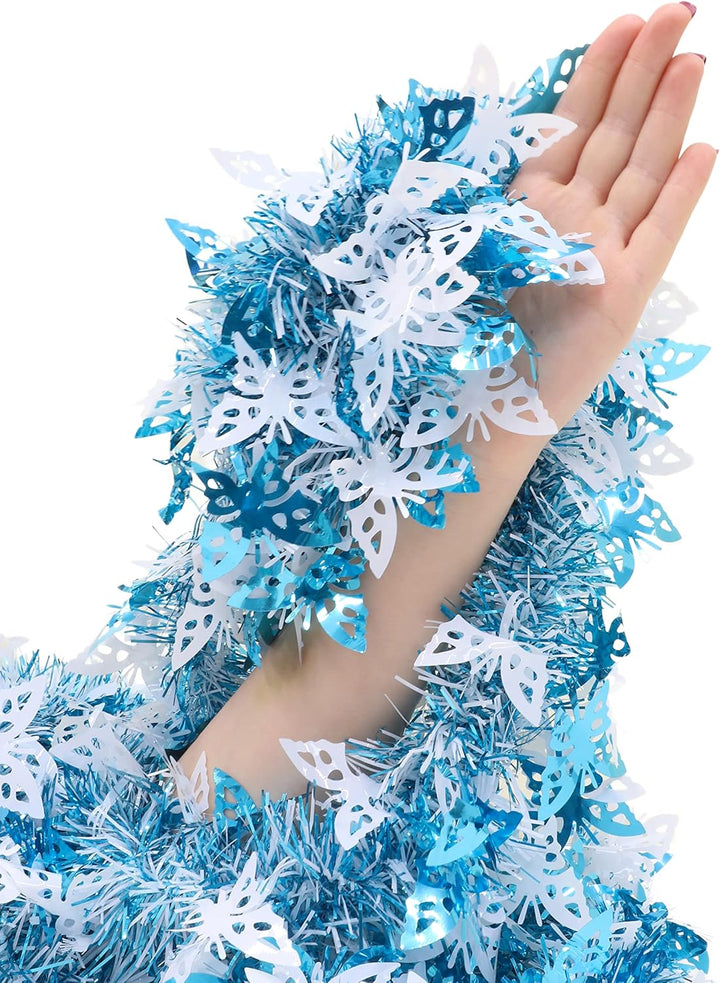 Christmas Concepts® 3m Blau & Weiss Lametta mit Schmetterlingen - Weihnachtsschmuck Blau & Weiss mit