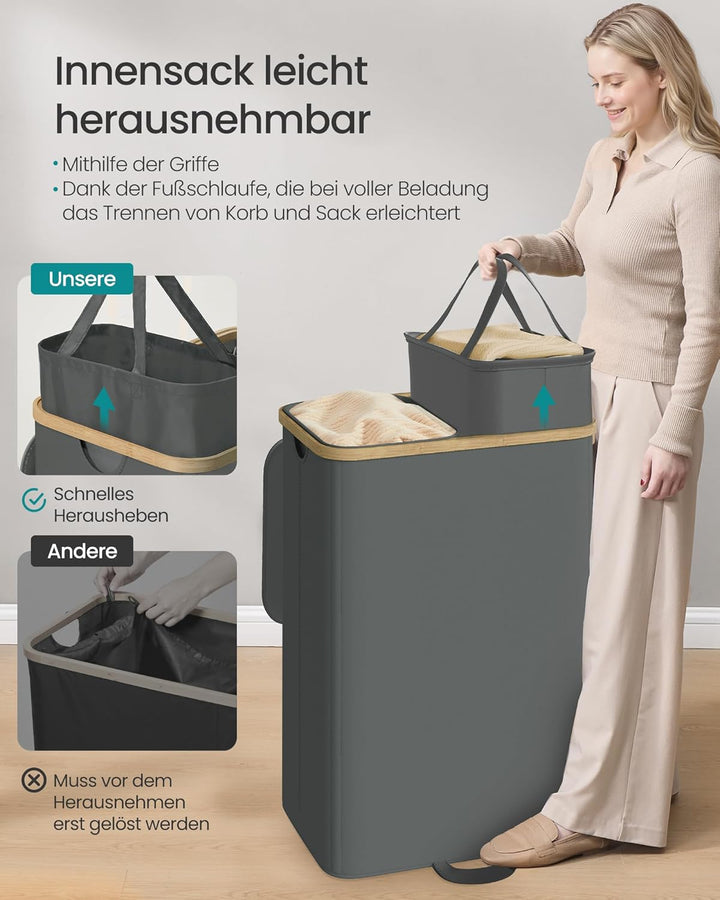 SONGMICS Wäschekorb mit Deckel, Wäschesammler, Wäschesortierer, Wäschetonne, Wäschesack herausnehmba