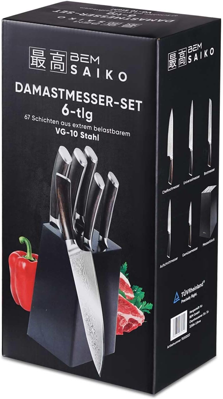 BEM Saiko 6-tlg. Damastmesser Japanisches Messerset VG-10 Stahl Messerblock | Damast Knife Set mit D