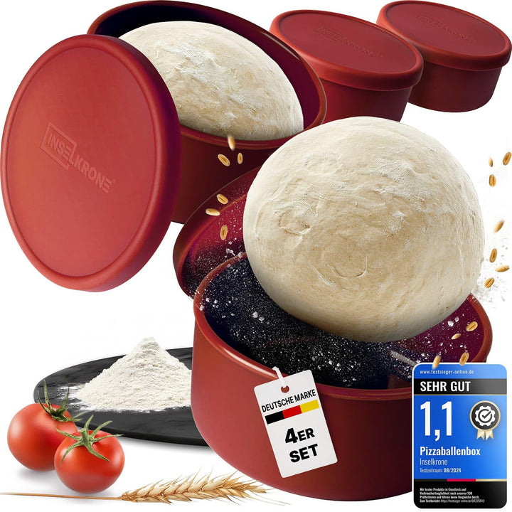 Inselkrone Pizzaballenbox mit Deckel, 4er Set, Rot, Teigbox Rot 4er Set, Rot 4er Set