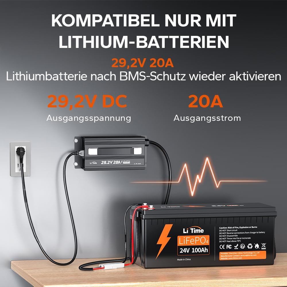 LiTime 24V 20A Lithium Batterieladegerät, 29,2V Smart-Ladegerät mit 0V-Aktivierungsfunktion, AC-DC L