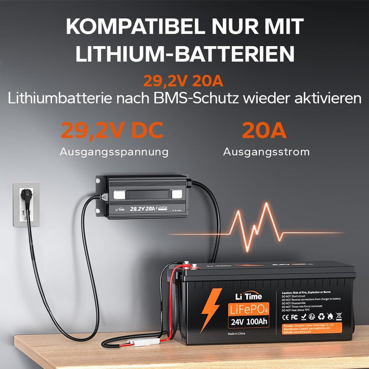 LiTime 24V 20A Lithium Batterieladegerät, 29,2V Smart-Ladegerät mit 0V-Aktivierungsfunktion, AC-DC L