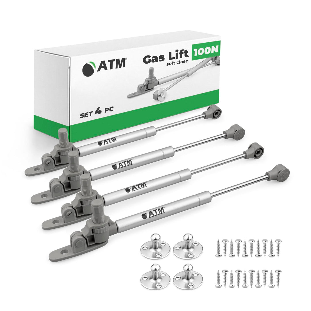 ATM Gasdruckfeder 100N mit Soft-Close Bremse für Möbelklappen – Gasdruckdämpfer 4er Set, Klappenbesc