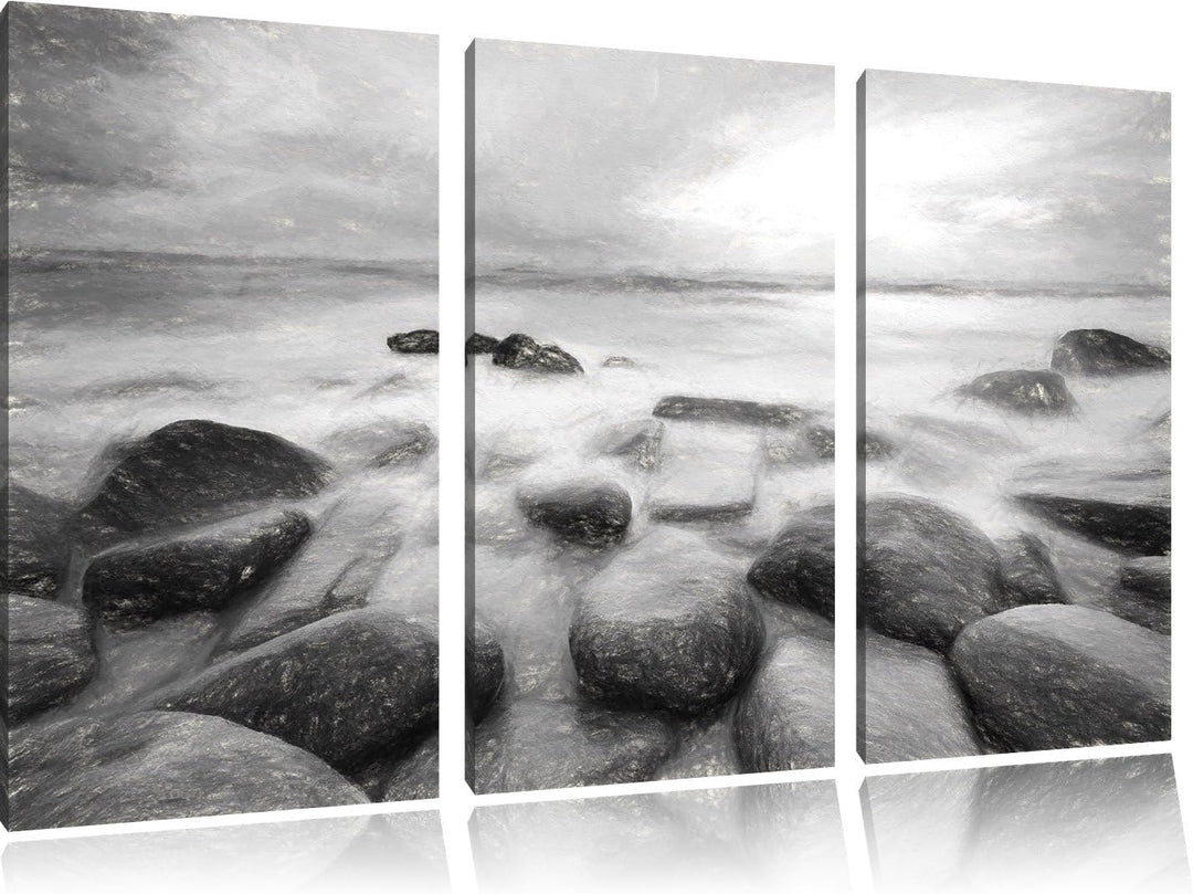 Pixxprint Romantisches Meer Kohle Zeichnung Effekt 3-Teiler Leinwandbild 120x80 Bild auf Leinwand