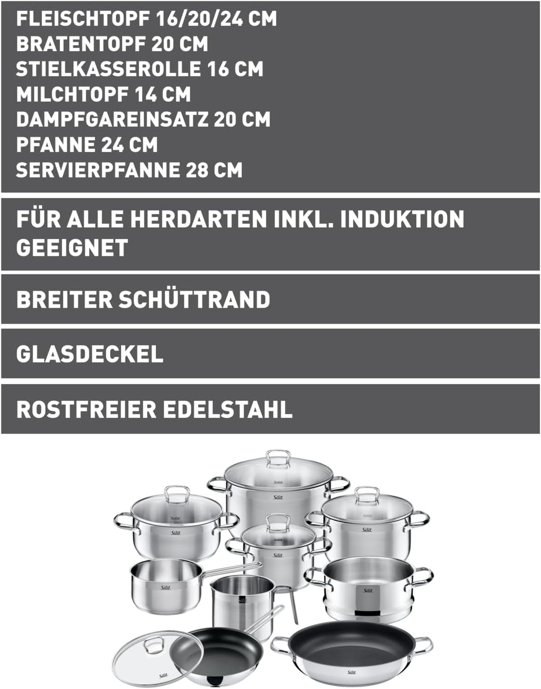 Silit Toskana Topfset induktionsgeeignet 10-teilig, Kochtopf Set mit Glasdeckel, Induktionskochtöpfe