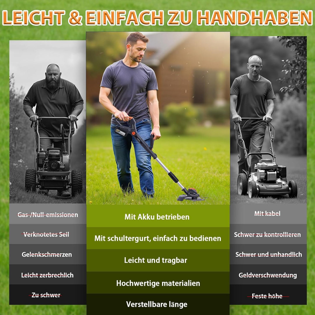 Akku Rasentrimmer Mit Akku und Ladegerät,Freischneider Akku Mit 1300W Motor, für Gartenpflege (Grey1