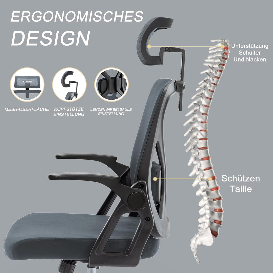 symino Bürostuhl, Schreibtischstuhl, Drehstuhl Ergonomischer mit Verstellbarer Kopfstütze, Armlehnen