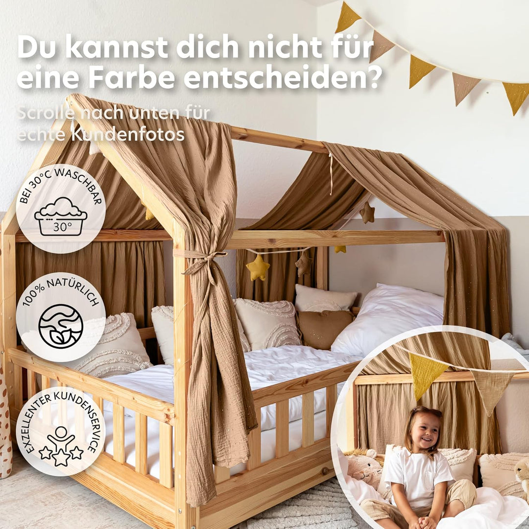Hausbett Himmel mit Gold Applikation [in 12 Farben] Betthimmel Hausbett aus 100% Baumwolle Musselin