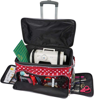 Sewing Online Mittlerer gepolsterter Nähmaschinen-Trolley auf Rollen aus rotem Stoff mit Tupfen, 47