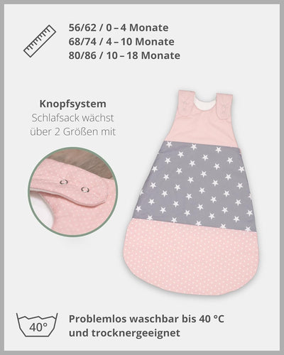 ULLENBOOM Sommerschlafsack Baby Rosa Grau (Made in EU) - Aus OEKO-TEX Materialien - 0,5 TOG, Schlafs