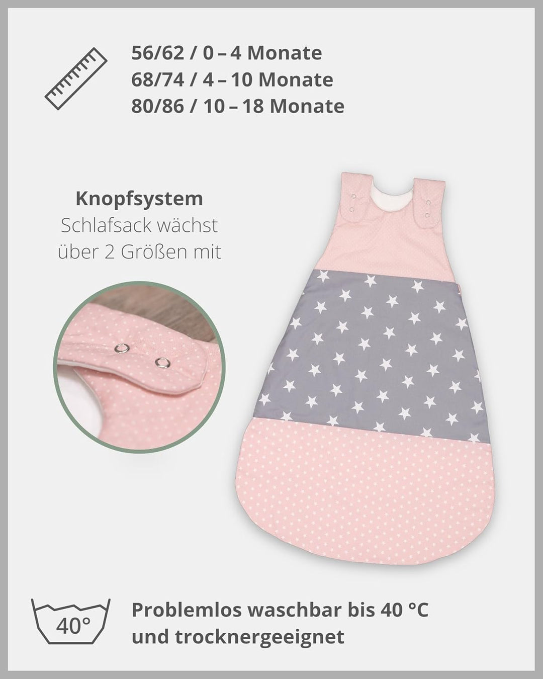 ULLENBOOM ® Schlafsack Baby 10 bis 18 Monate, 80/86, Rosa Grau (Made in EU) - Baby Schlafsack Neugeb