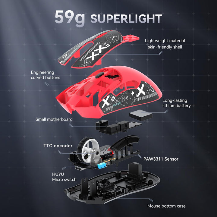ATTACK SHARK R1 59g Superlight Maus mit Klebeband, PixArt PAW3311 Gaming-Sensor, BT/2,4G kabellose/k