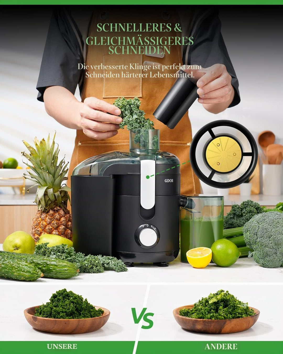 GDOR Entsafter 600W Juicer mit Grossem 65mm Einfüllschacht Hoher Ertrag Entsafter Gemüse und Obst mi