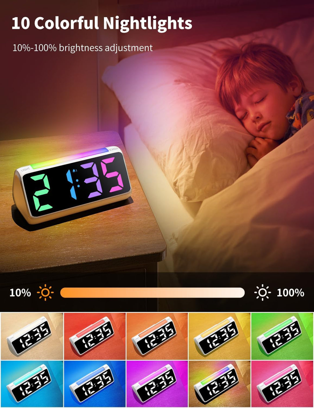 Wecker Digital, Digitaler Wecker Kinder mit Licht, Bunter LED Anzeige, 0-100% Helligkeitsdimmer, 2 A