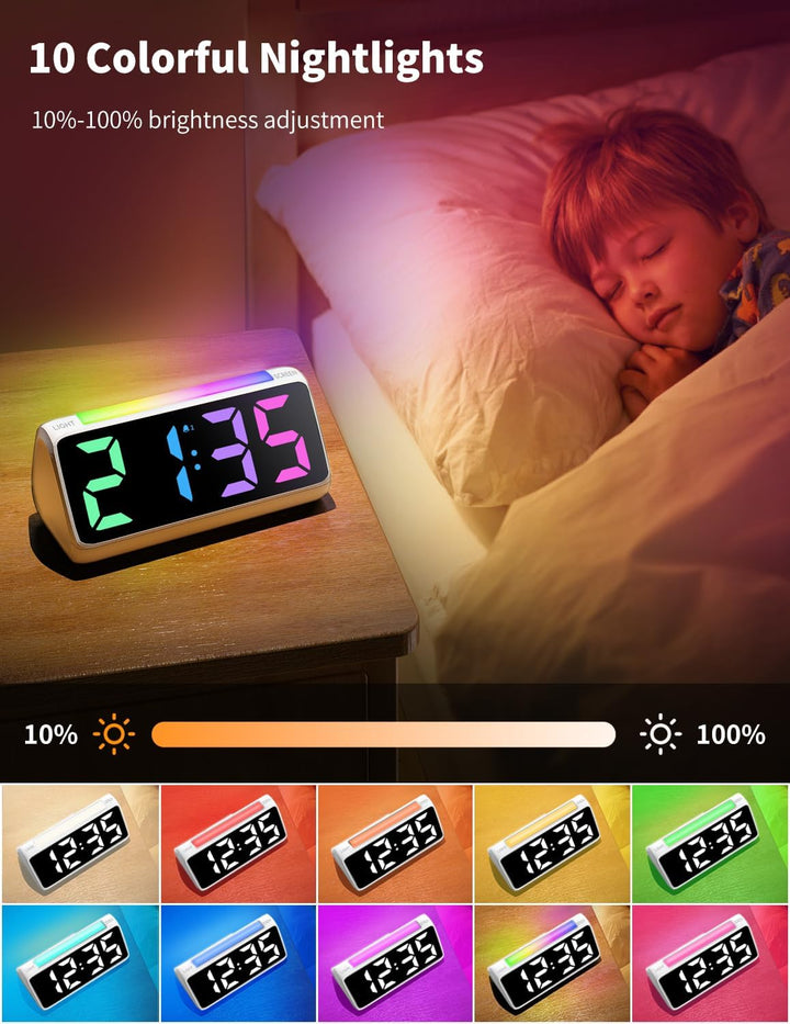 Wecker Digital, Digitaler Wecker Kinder mit Licht, Bunter LED Anzeige, 0-100% Helligkeitsdimmer, 2 A