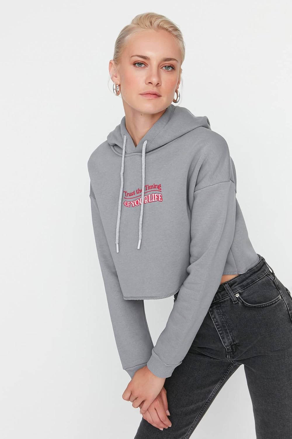 TRENDYOL Damen Hood with Slogan Schnitt Sweatshirt XS Gray, XS Gray
