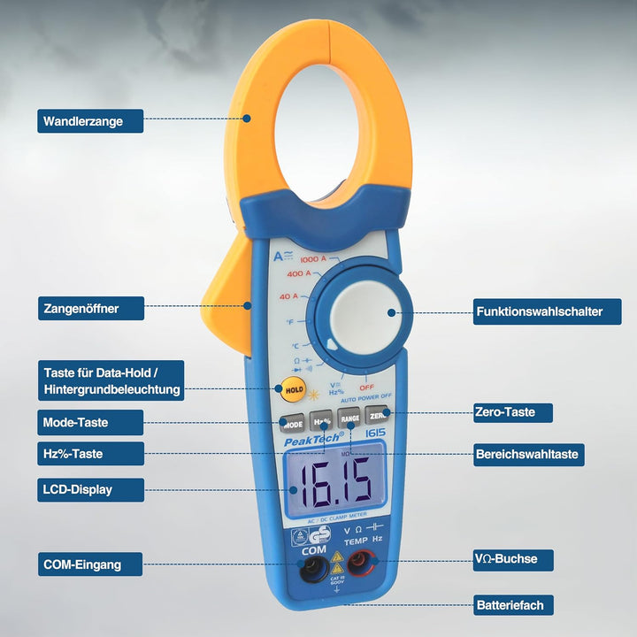 PeakTech 1615 – Zangenmessgerät 1000A AC/DC, Stromzange Multimeter, TÜV/GS, CAT III, Strommesszange,