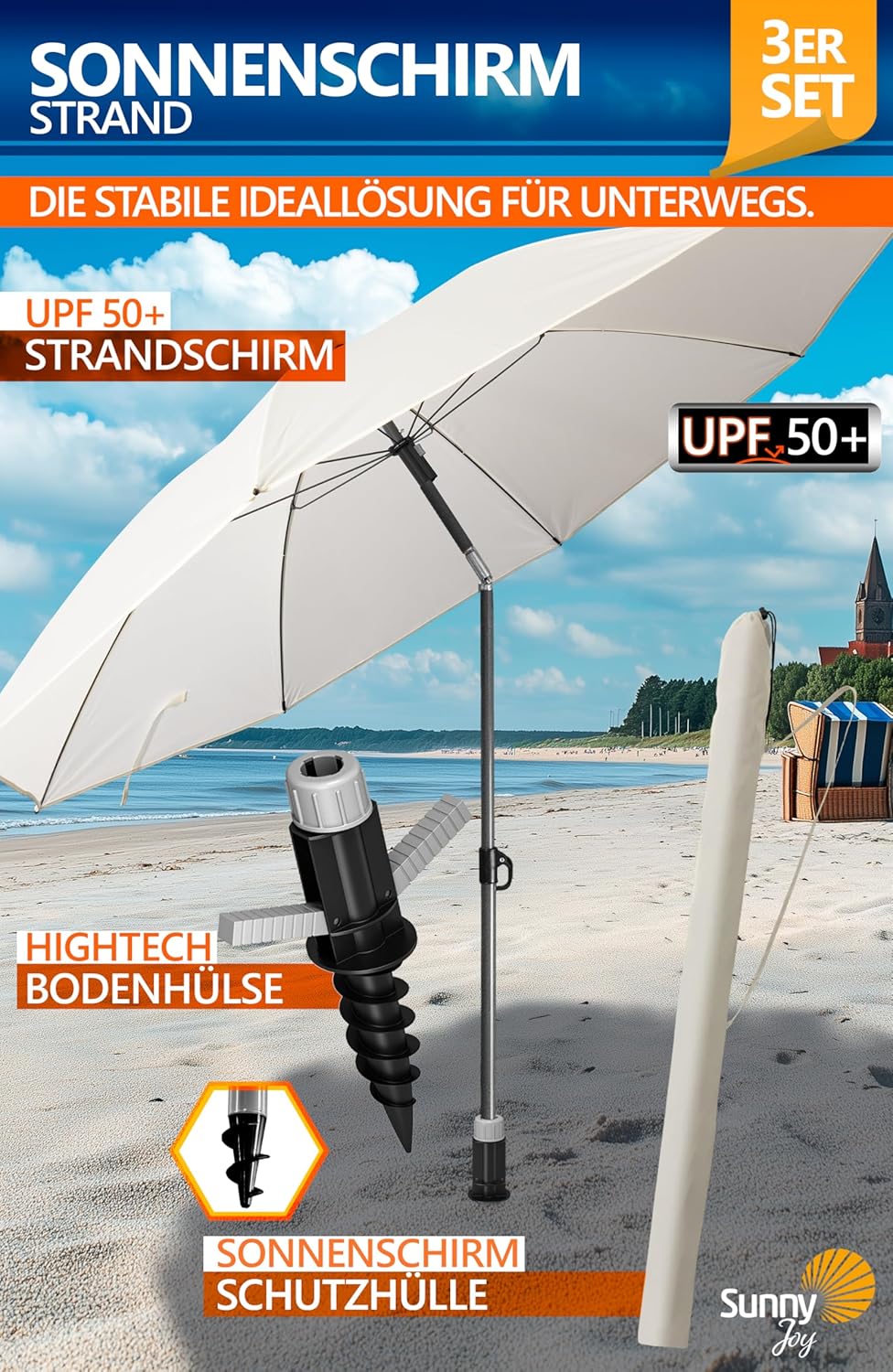 4smile Sonnenschirm Strand SunnyJoy Ø 180 cm, 3-IN-1 Set - UPF 50+ Strandschirm + Sonnenschirm Schut